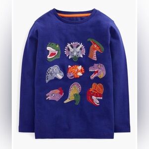 ISO Mini Boden Kids' Dinosaur Embroidered Long Sleeve Cotton T-Shirt